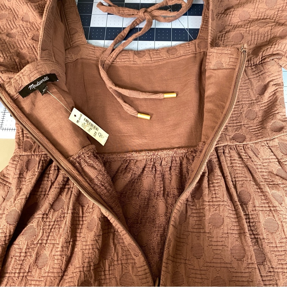 Madewell Quilted Puff-Sleeve Mini Babydoll Dress Dusty Purple Fig Pockets XS NWT - Picture 11 of 12